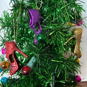 Glitter Shoe 2 inch Ornaments, Set of 3, Purple, Red & Gold